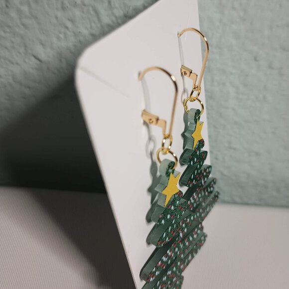 Large Acrylic Green Christmas Tree Earrings - Gold Plated Leverbacks - Picture 5 of 6